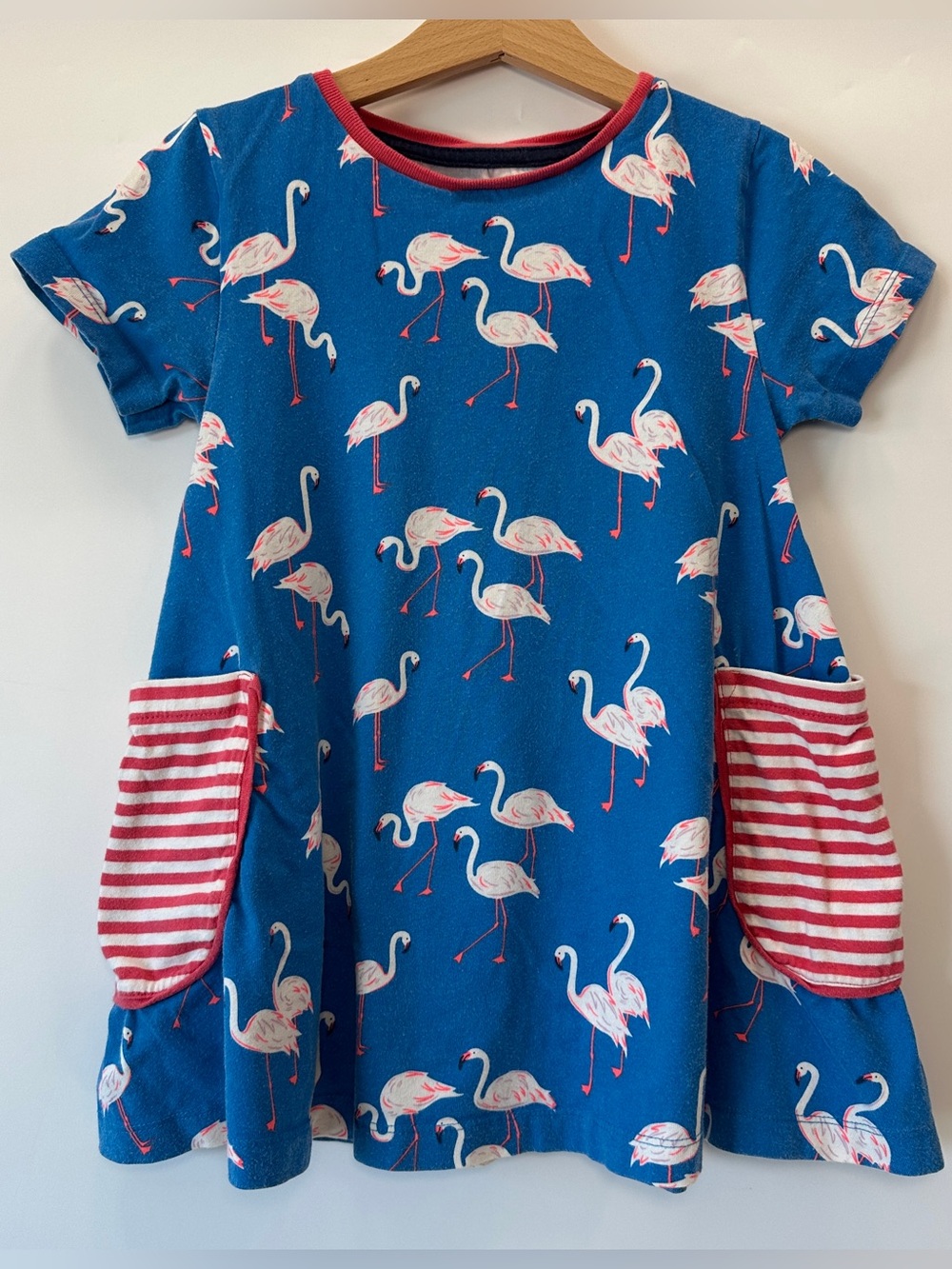 Mini Boden Blue Flamingo Dress with Striped Pockets 6-7Y